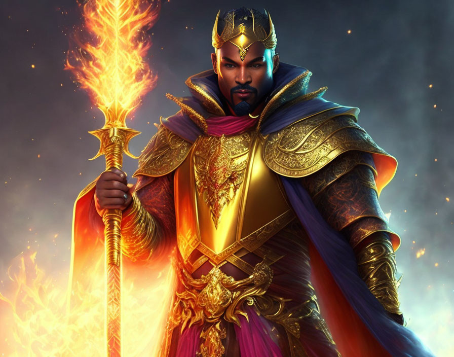 Regal figure in ornate armor with flaming sword in fiery backdrop