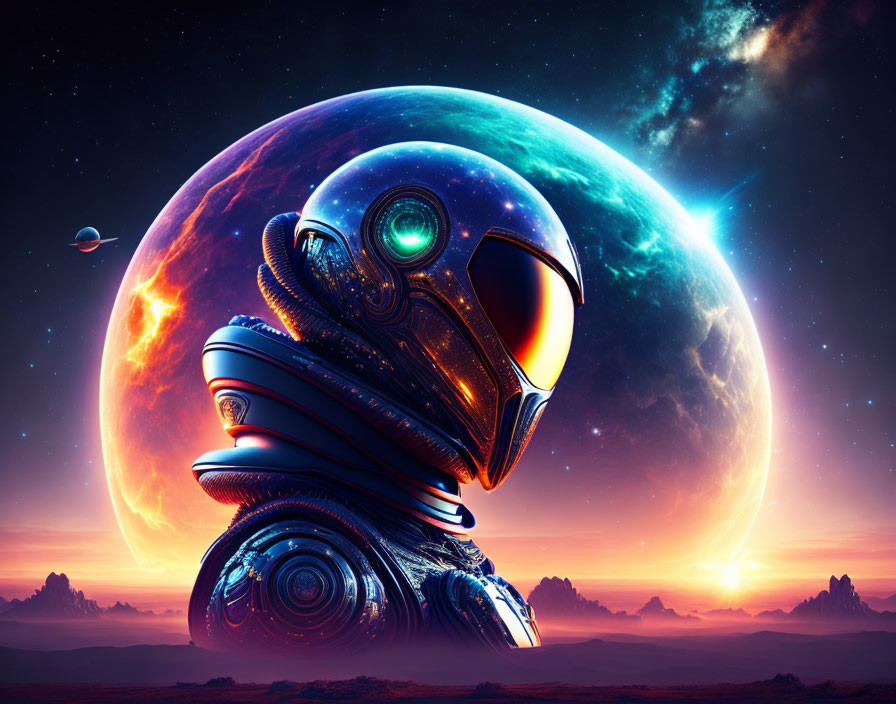 Futuristic robot head in cosmic scene with blue planet and stars