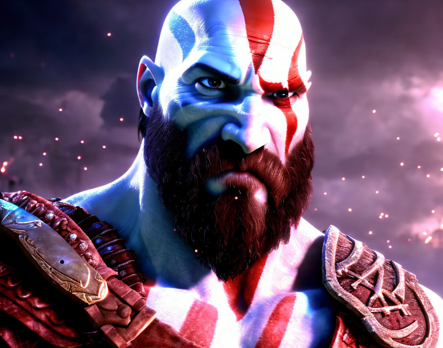 Intense bald man with red face paint and armor on cosmic purple background