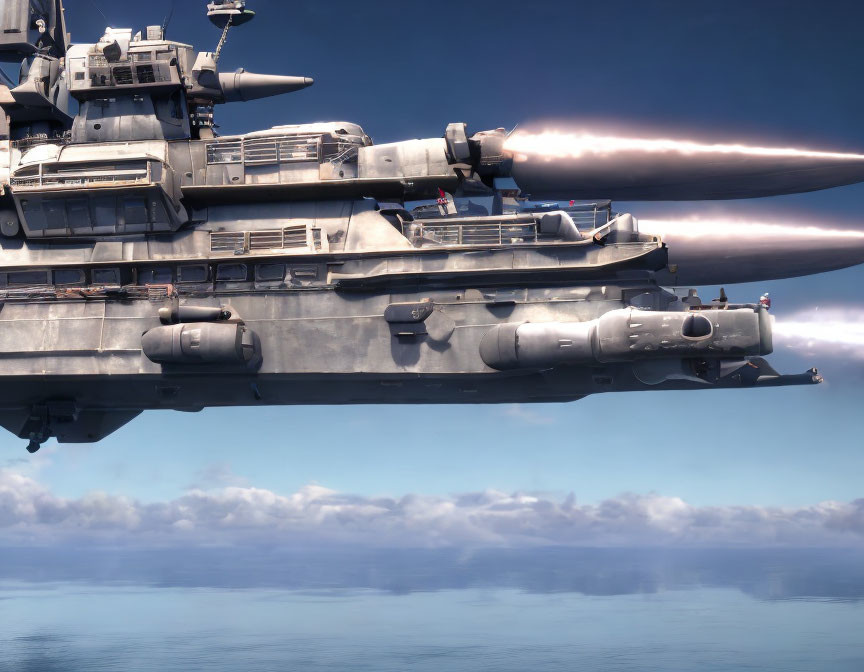 Sleek futuristic battleship fires side cannons over ocean