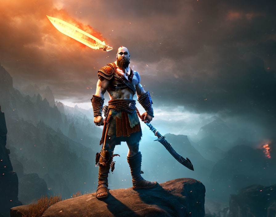 Bearded warrior with glowing sword overlooking mountain landscape