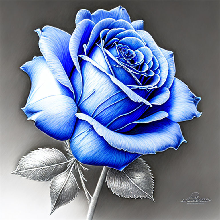 Detailed blue rose drawing with grey-scale stem and leaves in pencil.