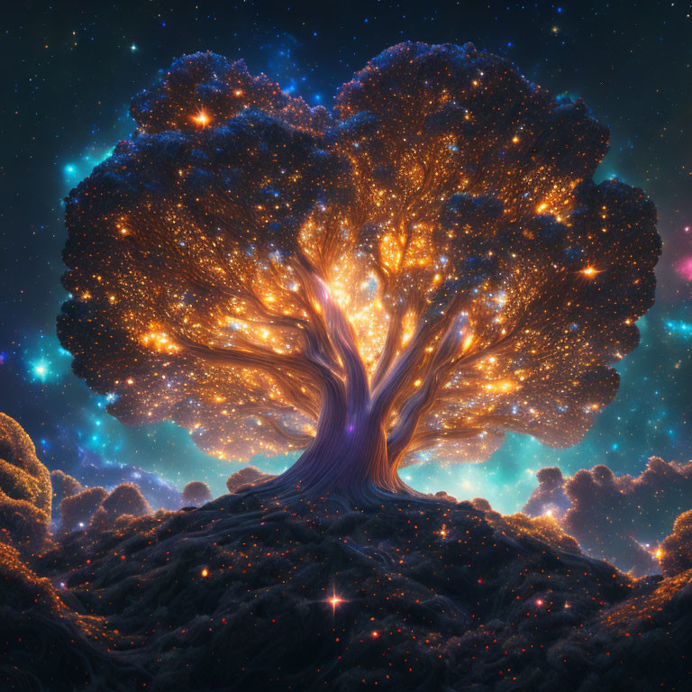 Enchanted tree with star-like lights in cosmic setting.