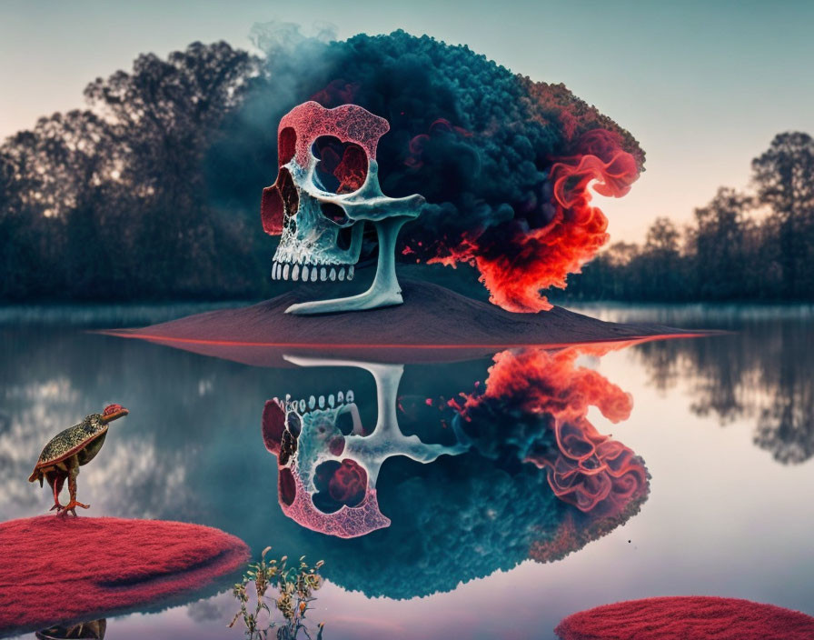 Skull with colorful smoke mirrored in tranquil lake with turtle on red mossy island