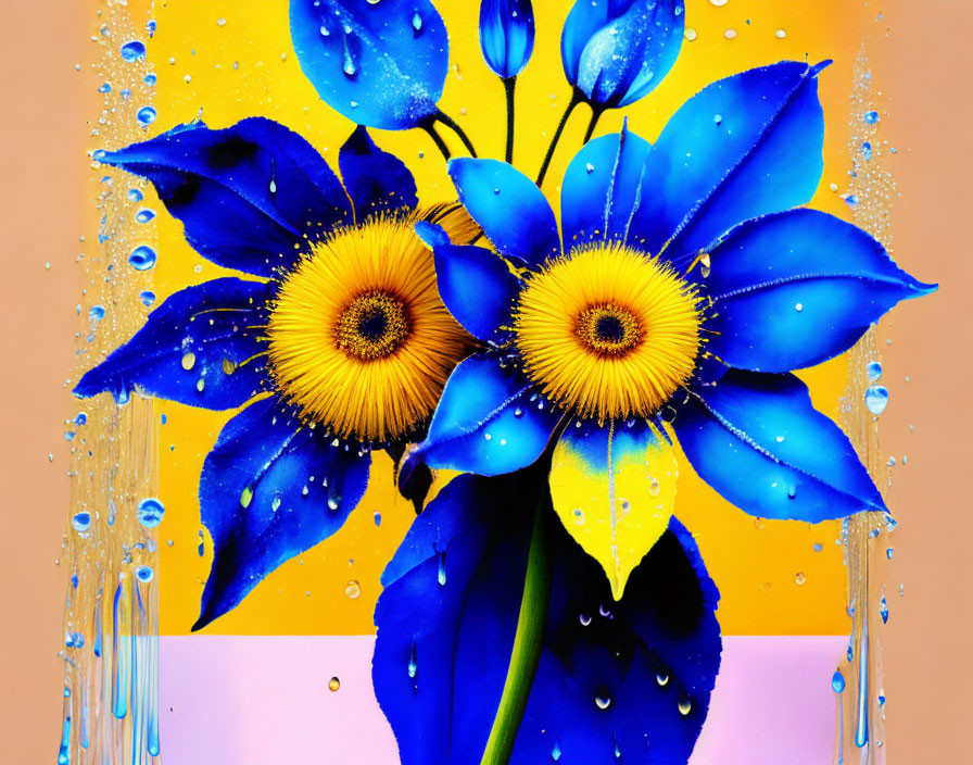 Bright Blue and Yellow Flowers on Peach Background with Water Droplets