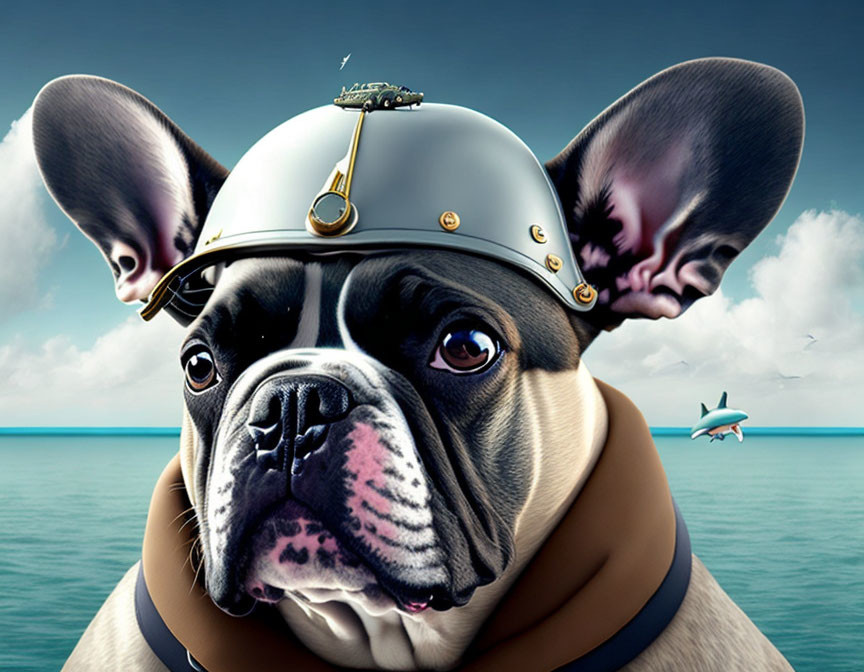 French Bulldog in vintage diver's helmet with shark fin in sea illustration