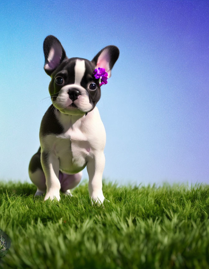 Black and White French Bulldog Puppy with Purple Flower in Ear on Grass and Sky Background
