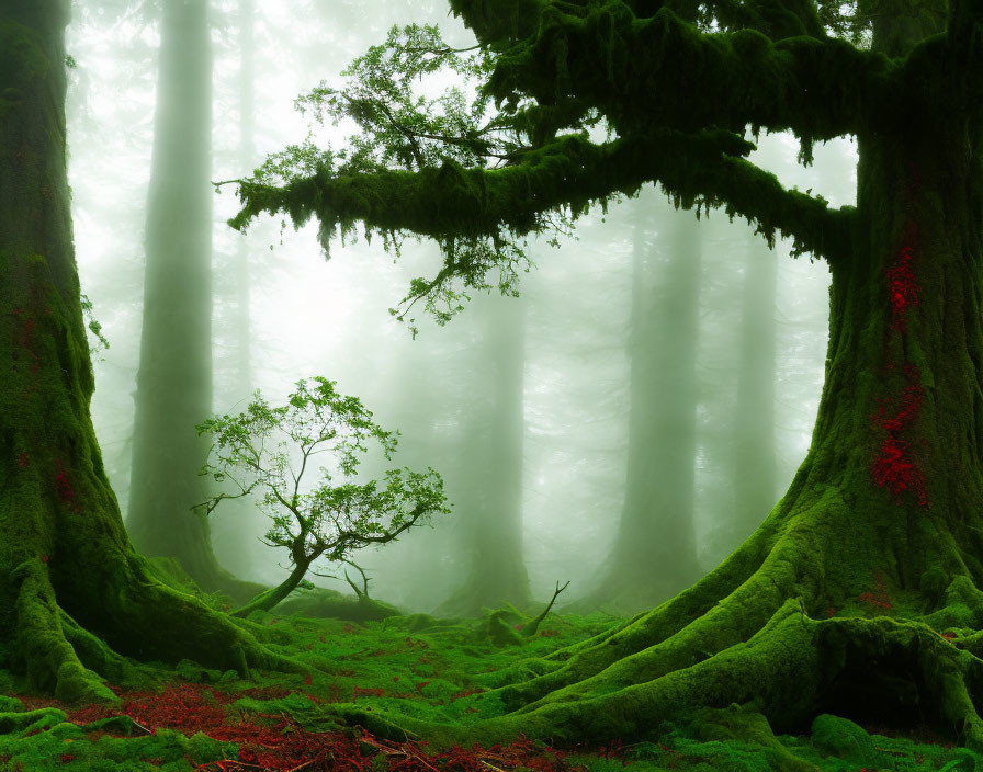 Ethereal forest scene with moss-covered trees and mist ambiance