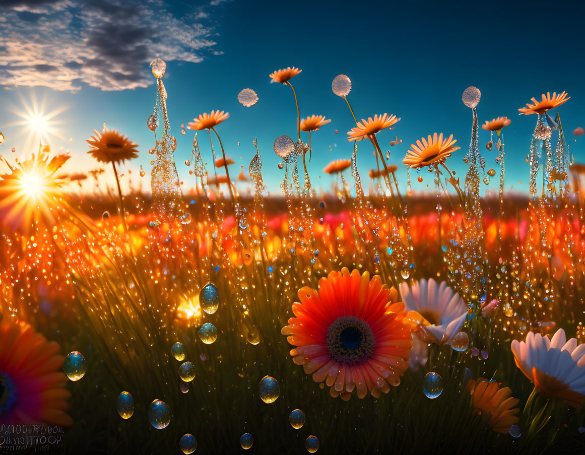 Orange daisies in dewy field under sunset sky