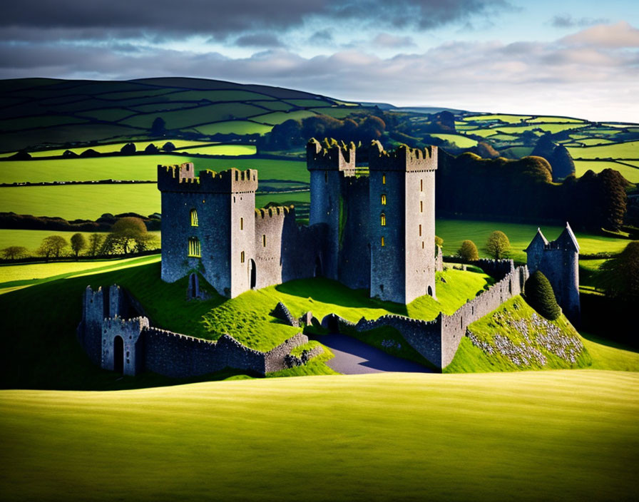 Medieval Castle with Multiple Towers in Green Hills at Sunset