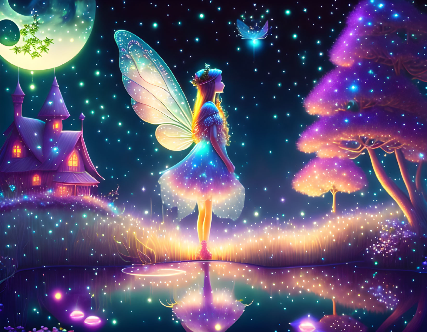 Glowing fairy with iridescent wings by reflective pond
