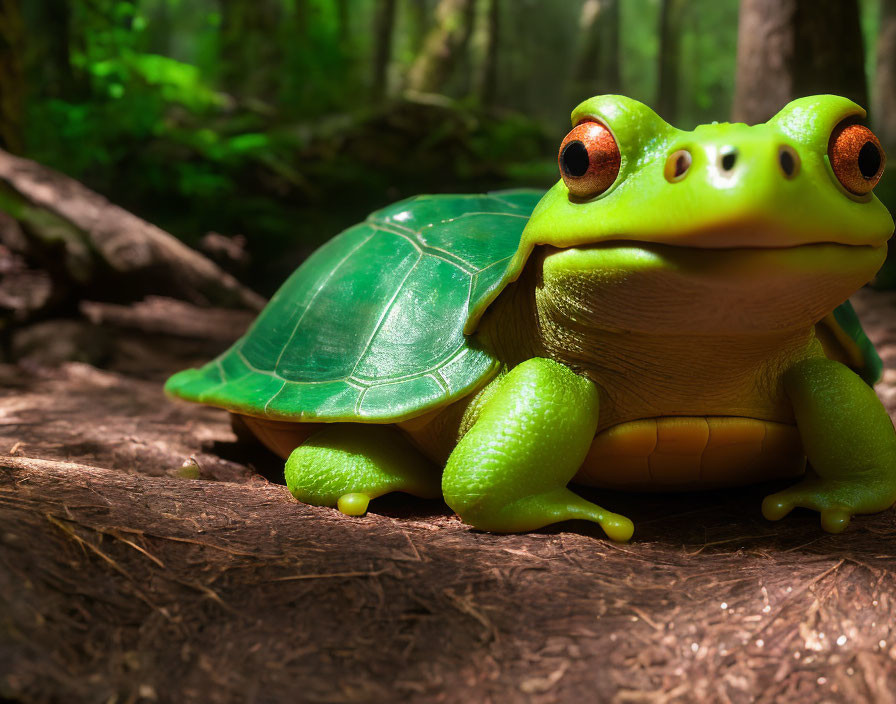 Bright green toy turtle on pine needles in forest with sunlight