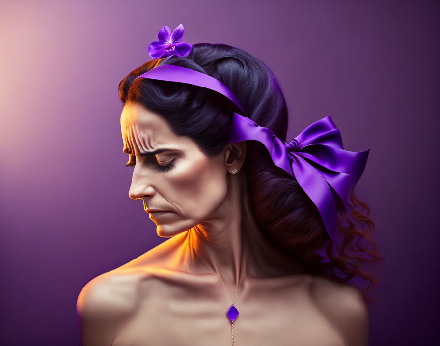 Woman with Purple Bow and Pendant in Contemplative Pose on Violet Background
