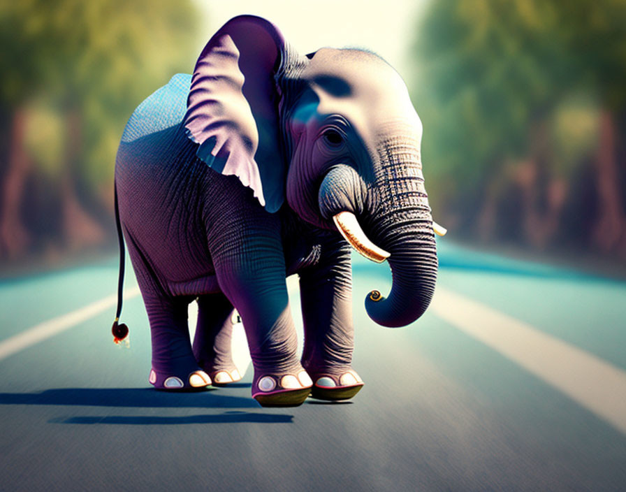 Animated elephant in shoes and sweater walking on road with trees and clear sky