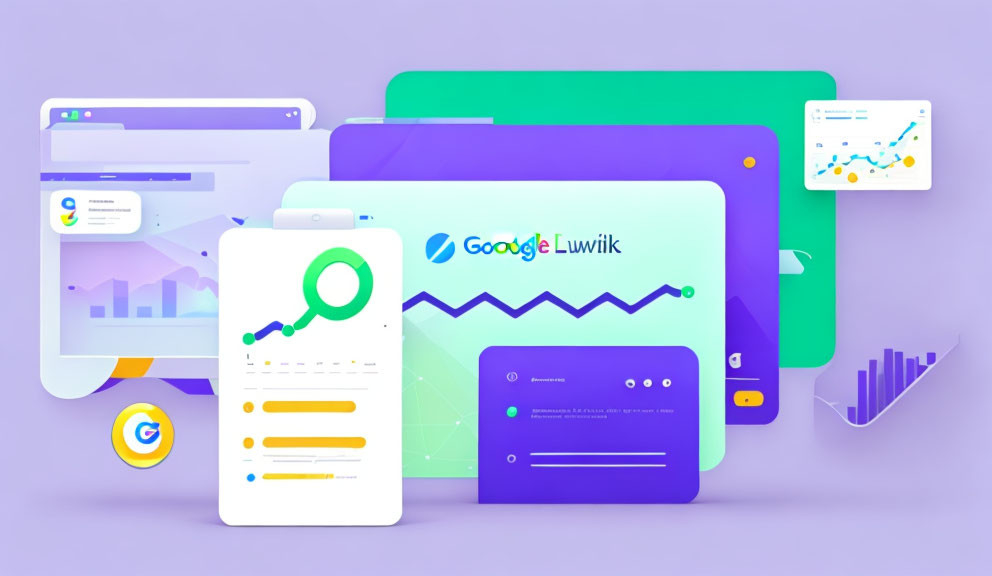 Vibrant illustration of devices and documents with graphs and analytics for SEO and data analysis.