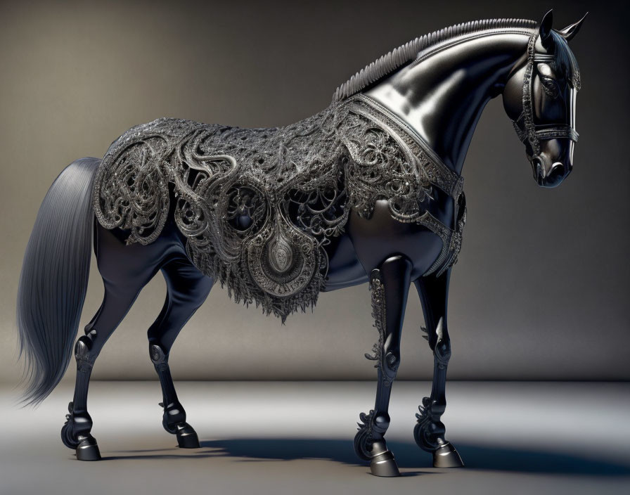 Digital artwork: Black horse with silver armor-like detailing