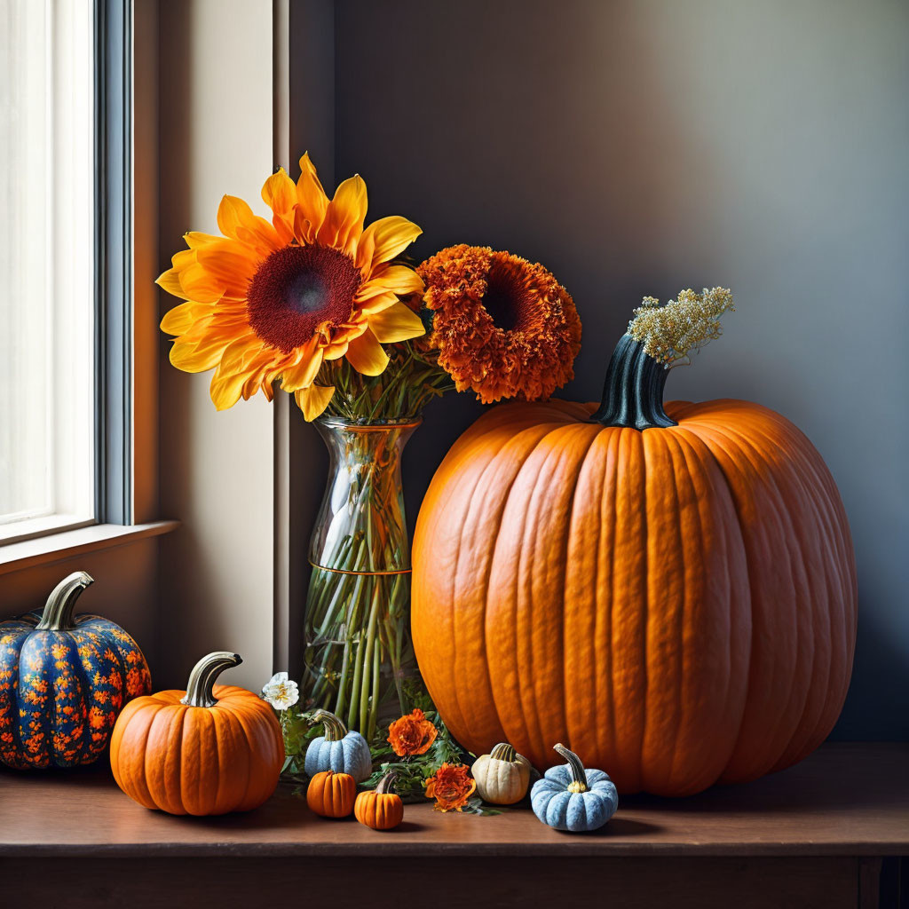 Autumn-themed pumpkin and sunflower arrangement on wooden surface
