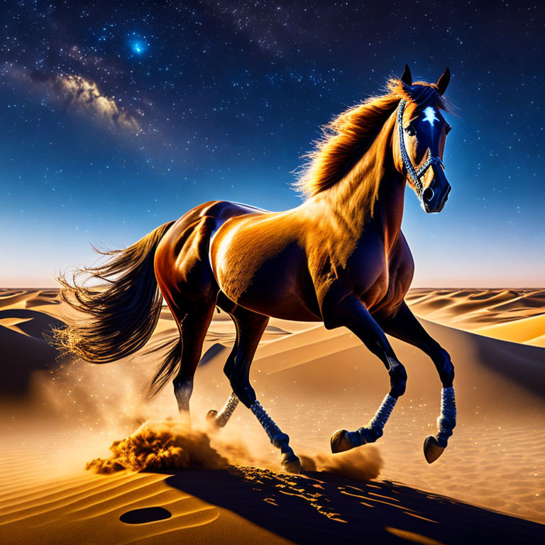 Chestnut horse galloping on sand dunes under twilight sky