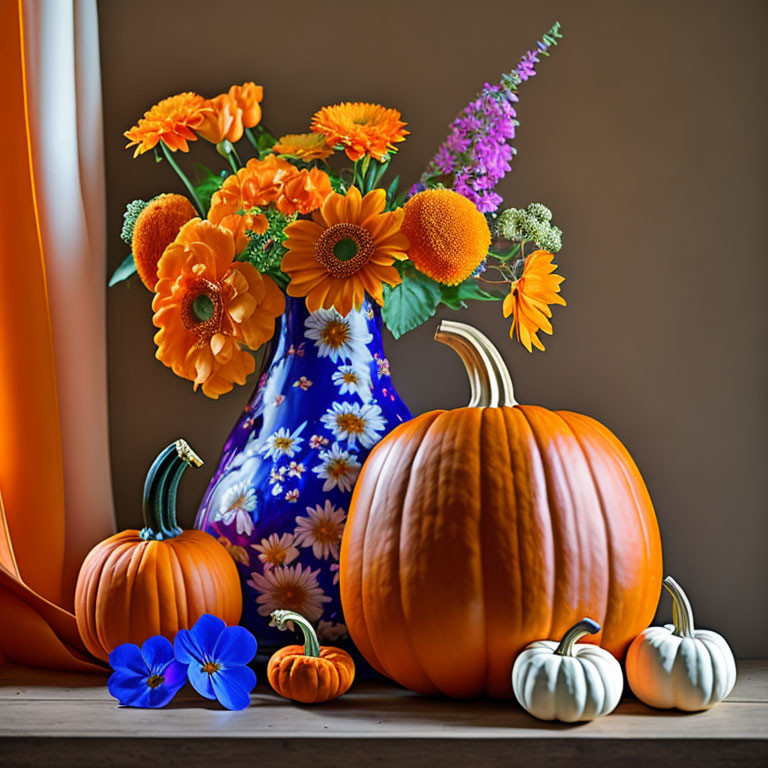 Colorful still life with blue vase, orange flowers, pumpkins, and gourds on wooden