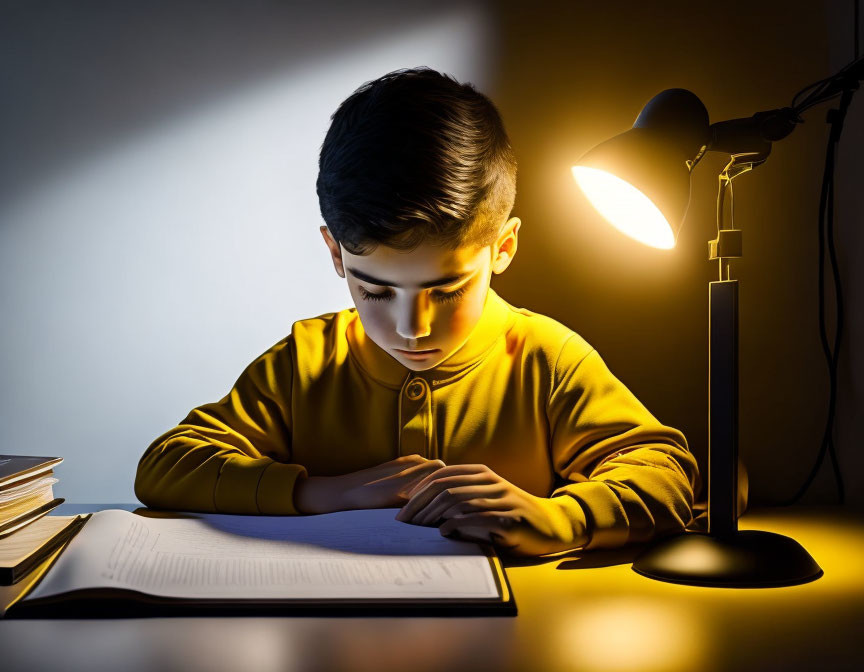 Young boy reading under desk lamp in dimly lit room