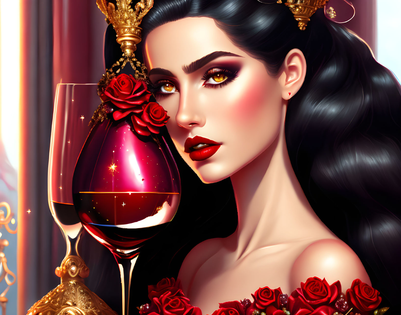 Dark-haired woman with red makeup holding a glass of wine surrounded by roses and gold accents.