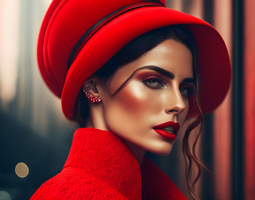 Woman in Red Hat and Coat with Striking Makeup Gazes Sideways