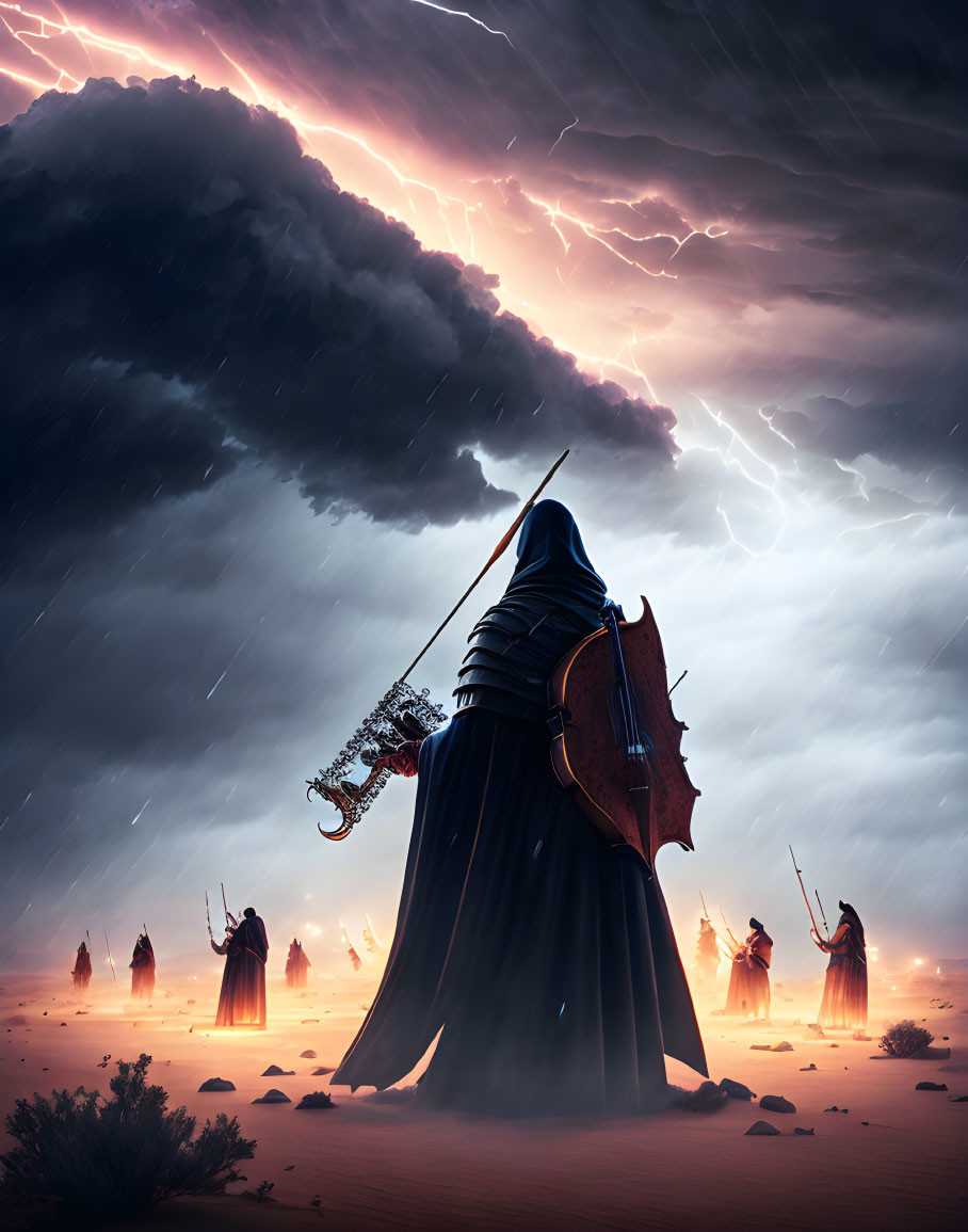 Cloaked figure with sword and shield in desert storm with lightning and distant figures.