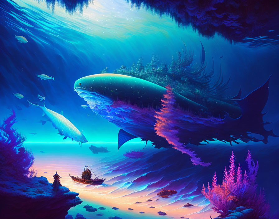 Colorful Underwater Scene with Whale-Like Creature, Marine Life, Human Observer, and Sailing