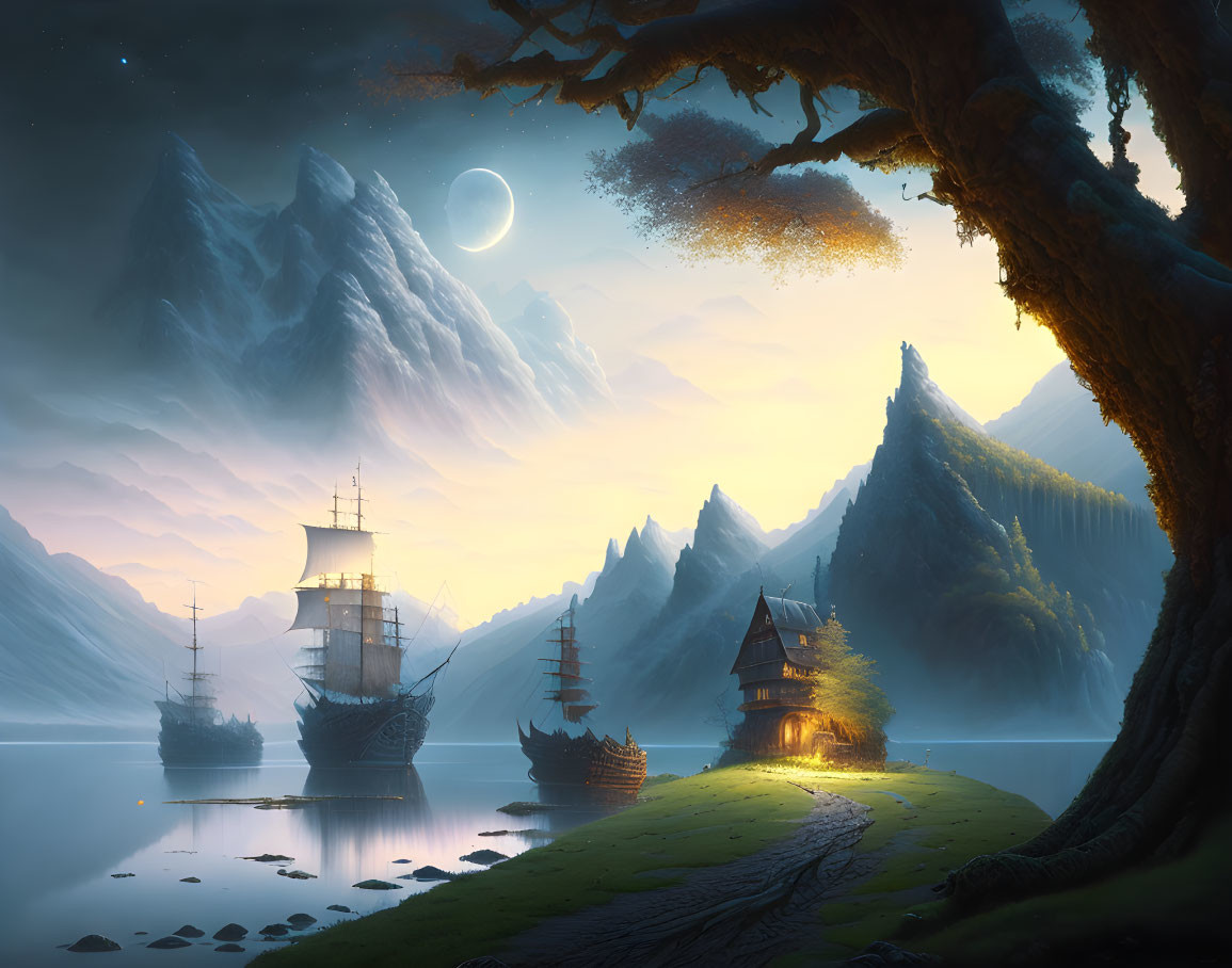 Serene night landscape with ships, cottage, mountains, and moonlit sky