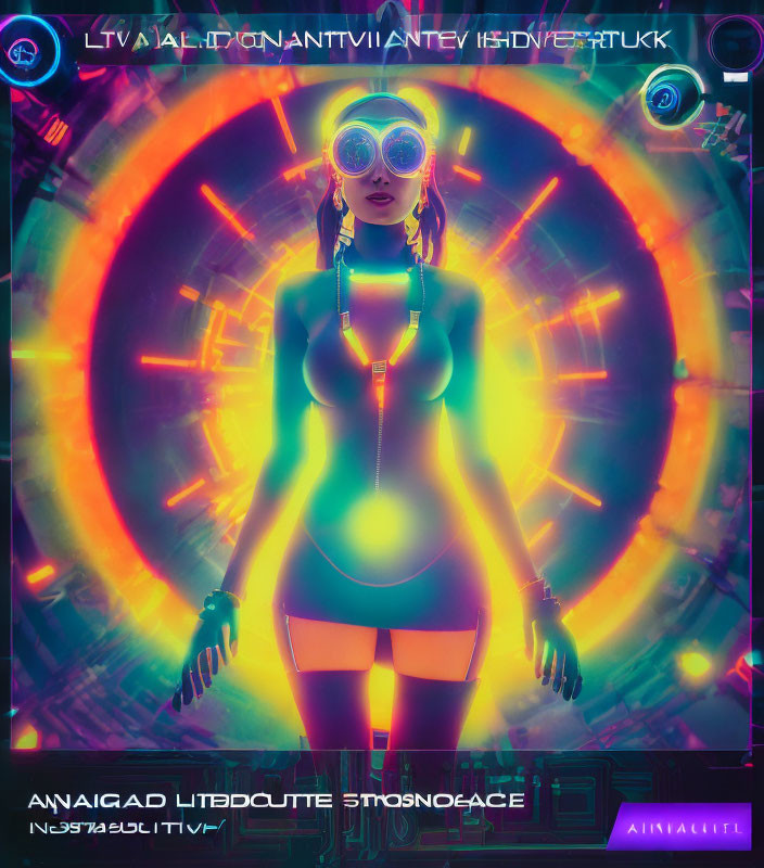 Futuristic female figure with glowing goggles in cyberpunk setting