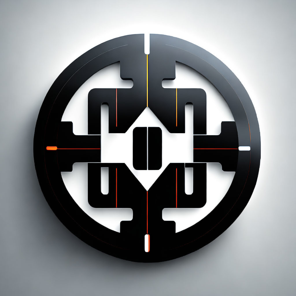 Futuristic black and gray circular symbol with orange and yellow accents
