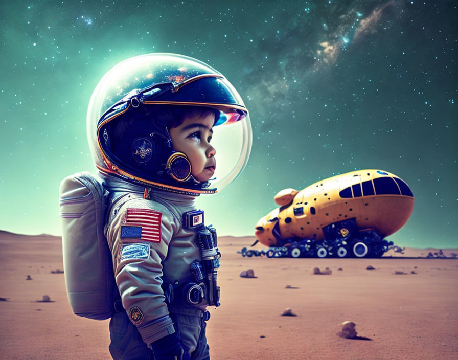 Child astronaut on alien planet with spacecraft under starry sky
