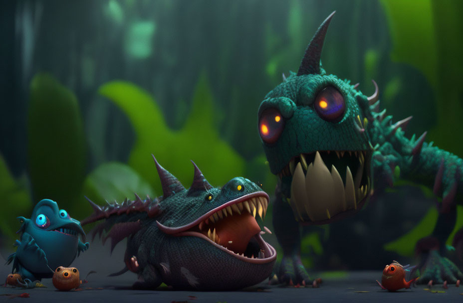 Stylized cartoonish dragons in dark forest with roaring leader