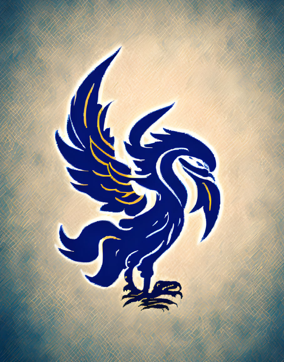 Stylized blue and yellow phoenix on textured beige background