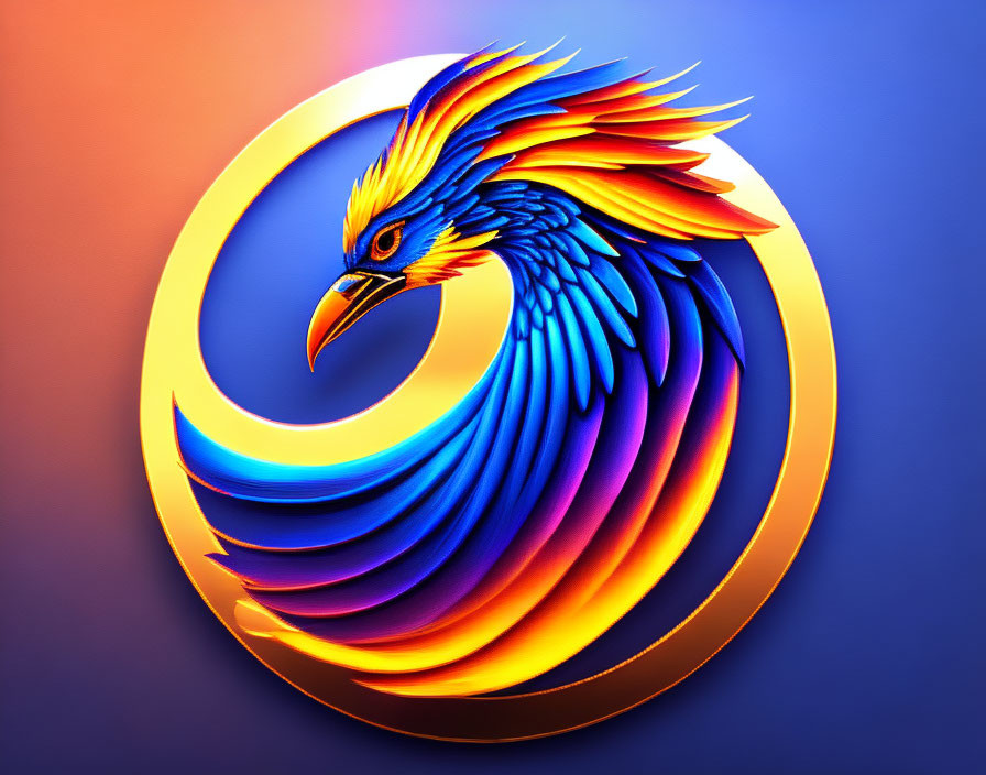 Colorful Phoenix Illustration in Circular Design: Yellow to Blue Gradient with Orange to Purple Background