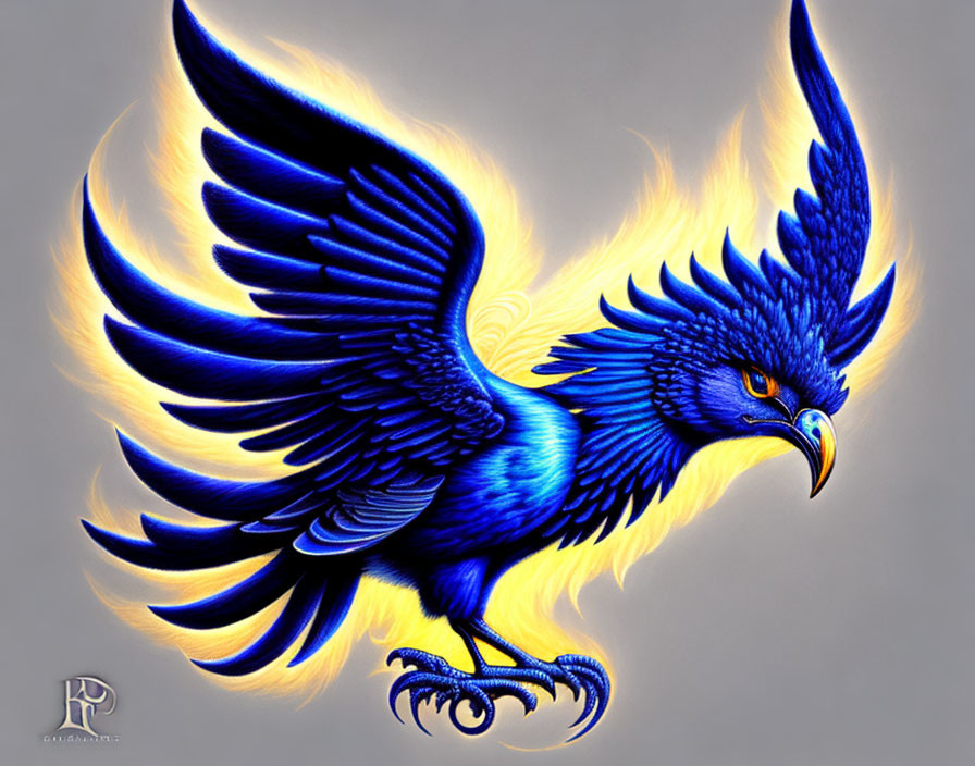 Mythical blue phoenix with fiery wings in mid-flight