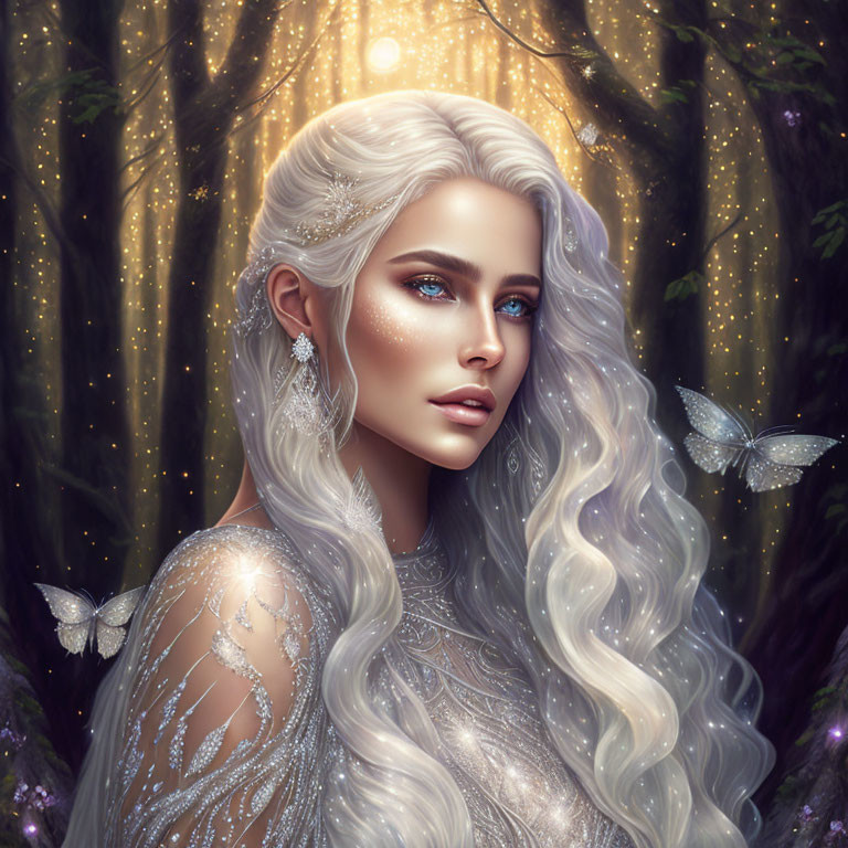 Ethereal woman with white hair and butterflies in magical forest