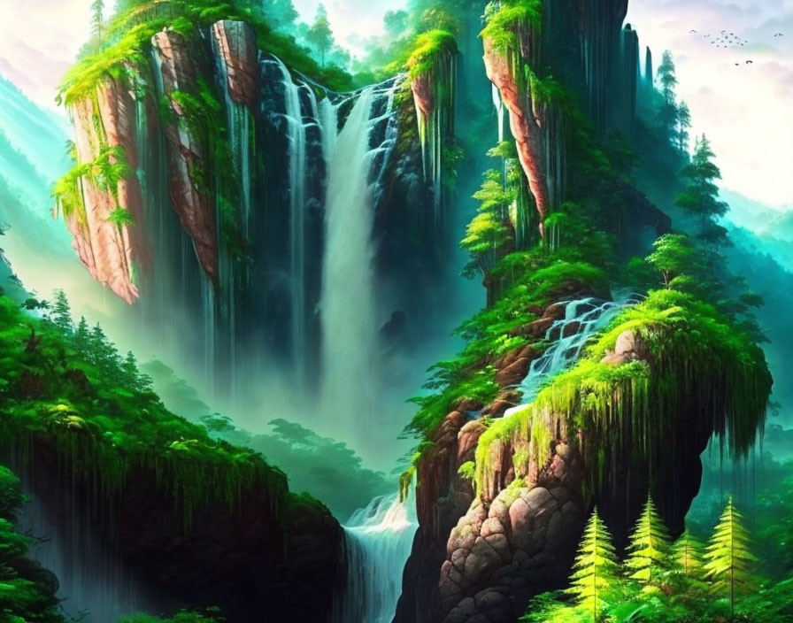 waterfall cascaded down a lush green mountainside