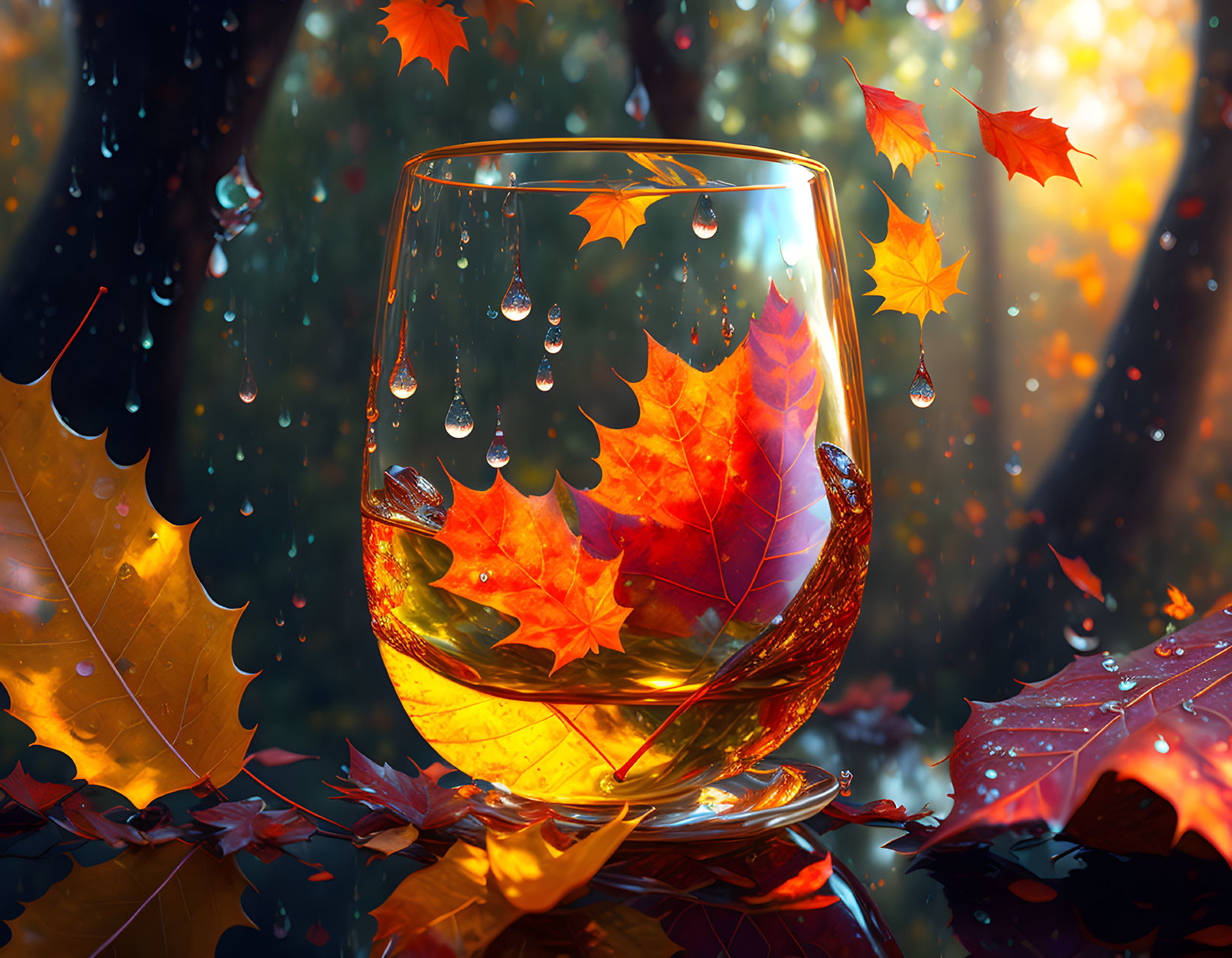 Autumn weather inside a glass tea cup