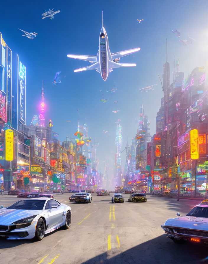 Future bright city with flying cars