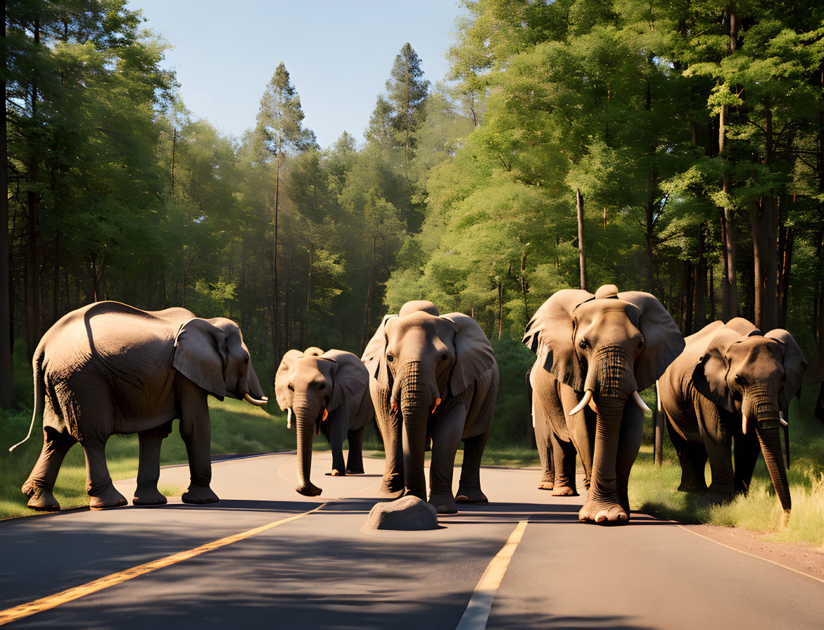 A group of elephant on road