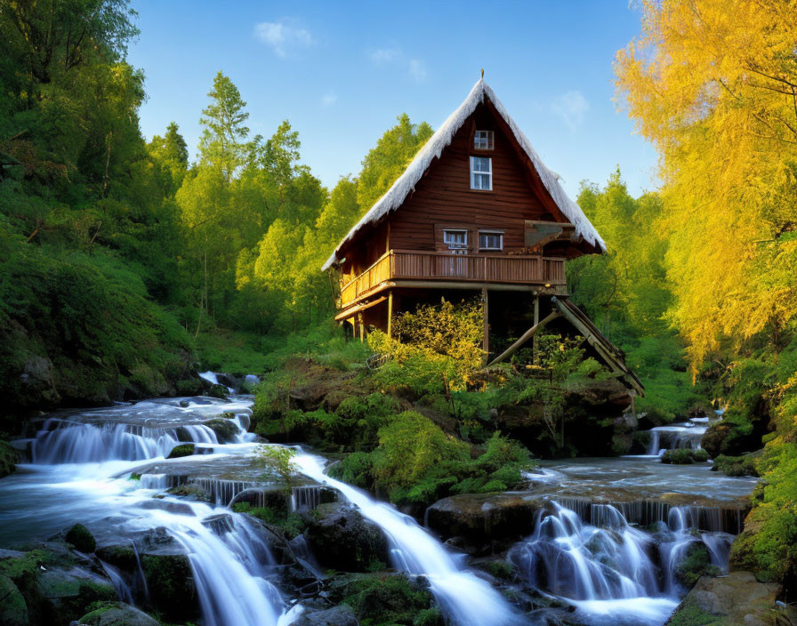A small house surrounded by small waterfalls