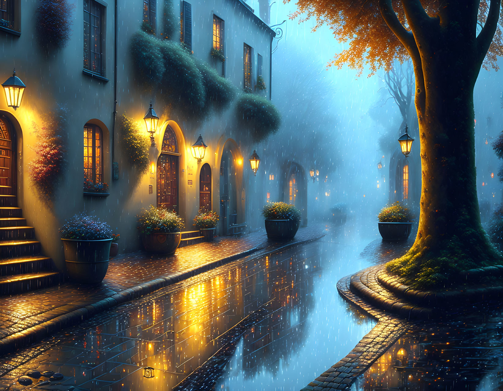 Rain-soaked cobbled street