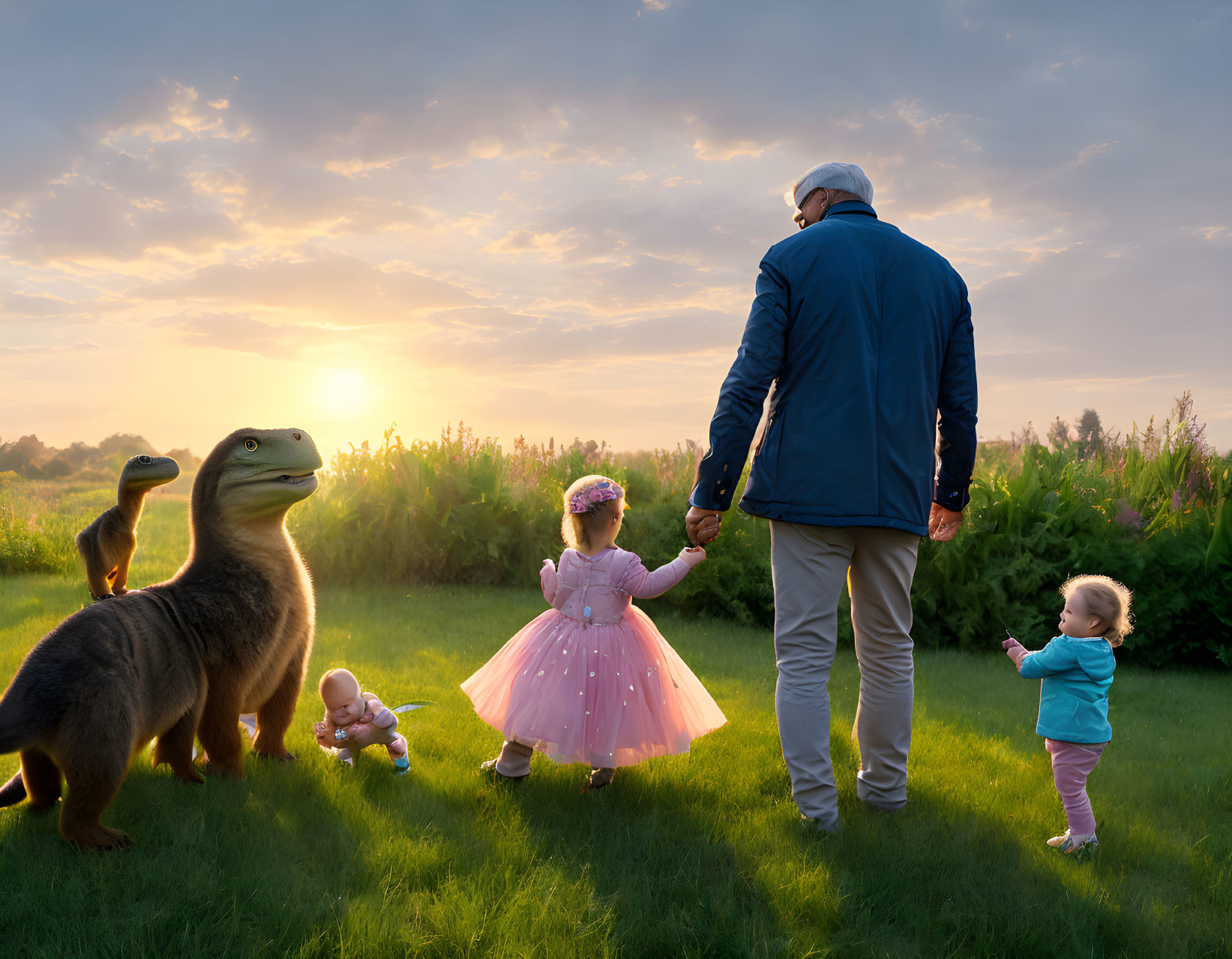 Father and children playing with baby dinosaurs