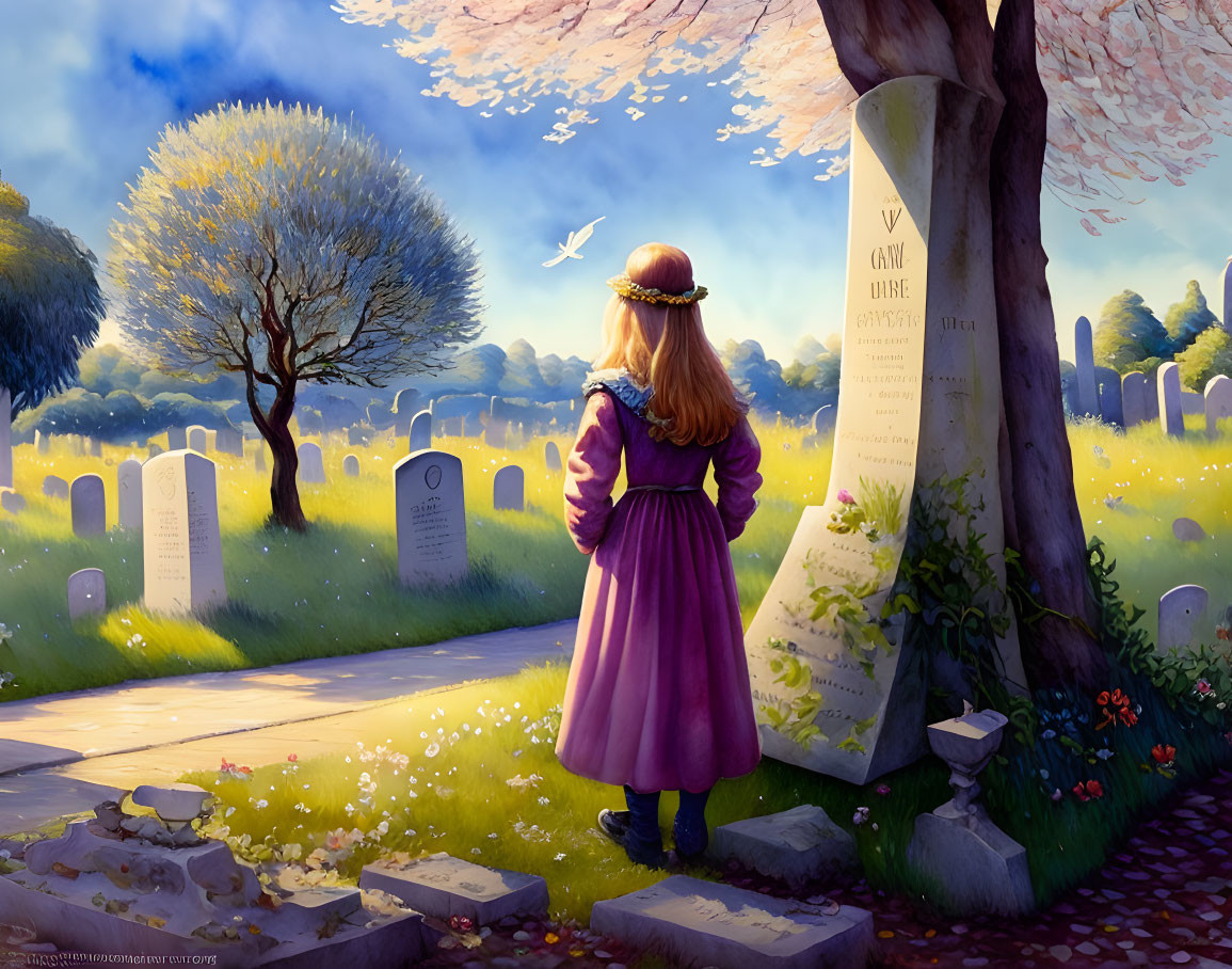 A girl looking at a gravestone