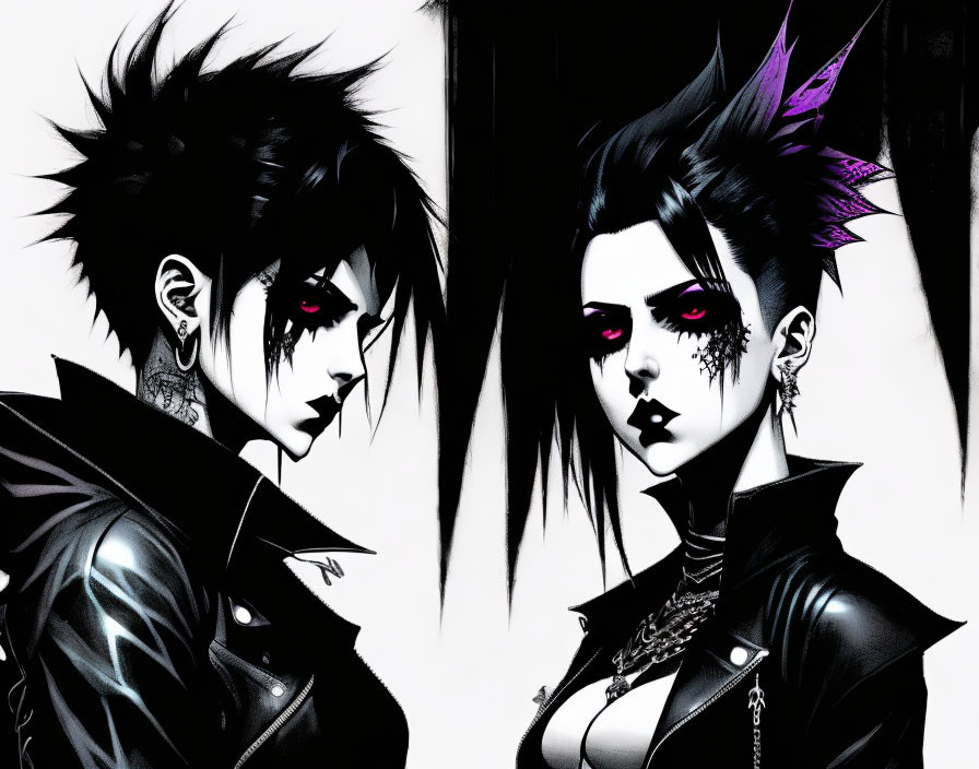 Stylized gothic characters in black outfits with red eyes