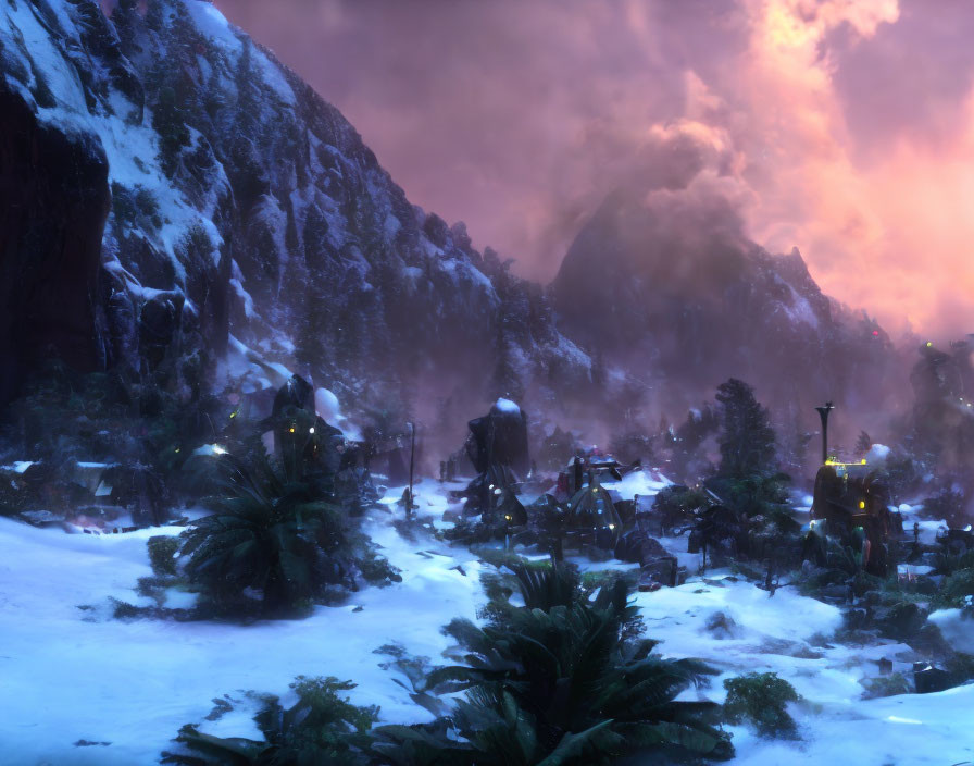 Snowy mountain valley fantasy village at dusk with warm glowing lights