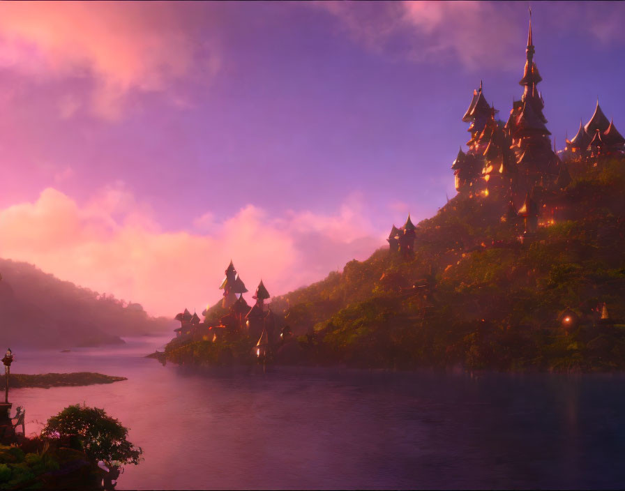 Fantasy castle with spires on lush hill at sunset by calm river