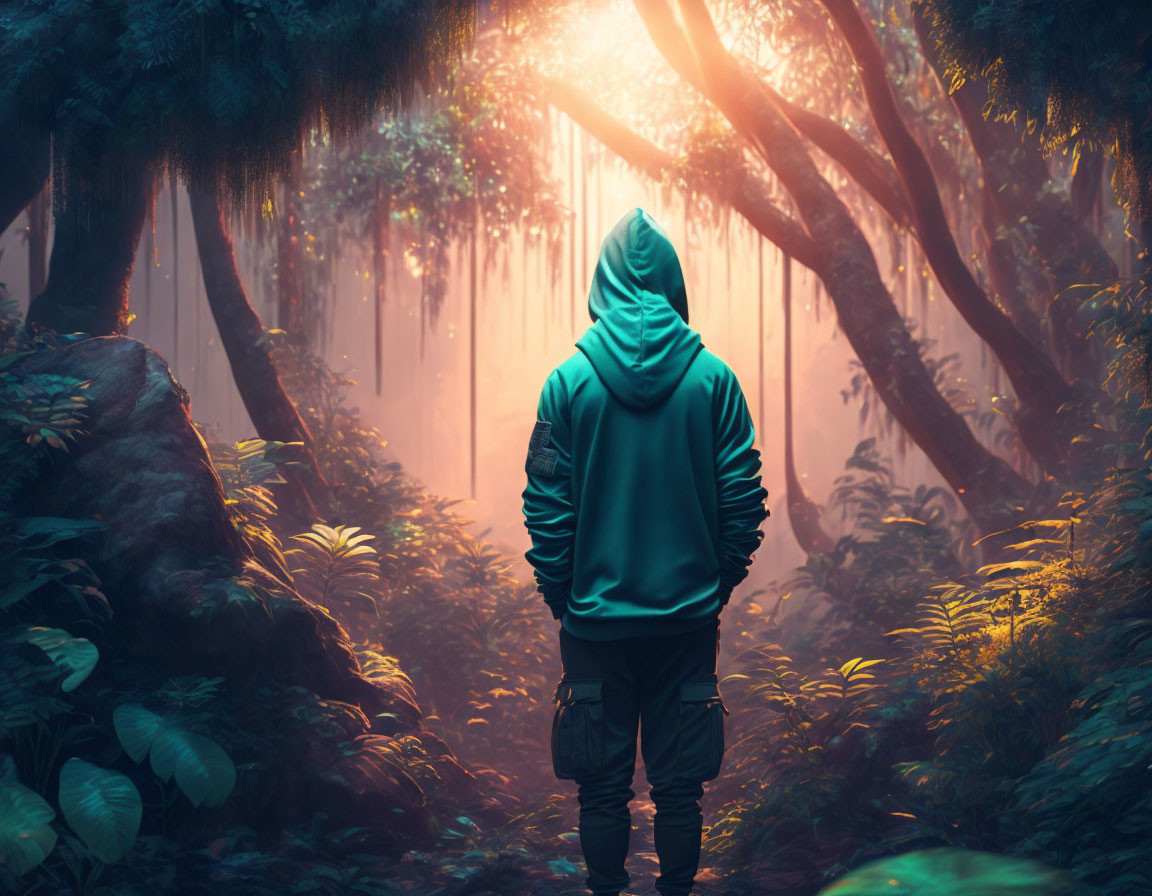 Teal Hoodie Person in Mystical Forest with Sunbeams
