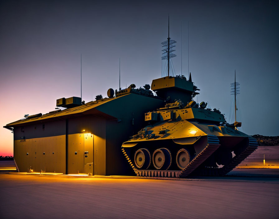 Tank in front of building with antenna towers under twilight sky